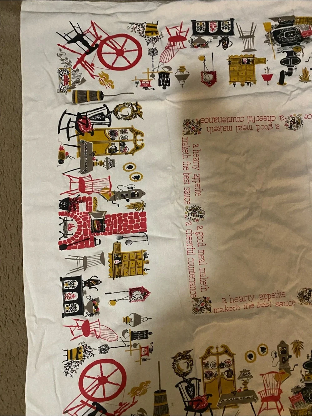 Vintage 50s Kitschy Kitchen Proverb MCM Tablecloth Retro Folk Art Cotton 44x54